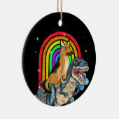 German Shepherd Riding Dinosaur T rex Rainbow Keramisch Ornament (Rechts)