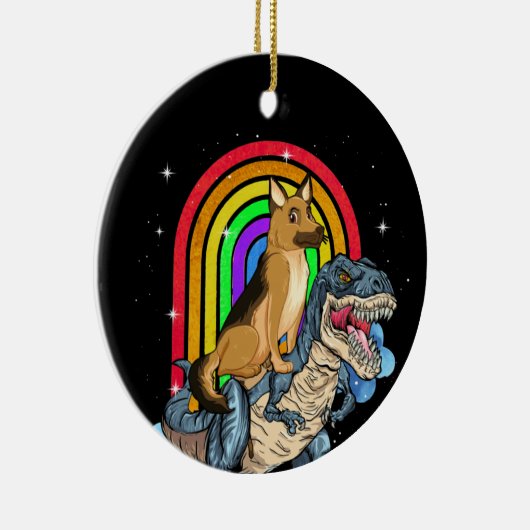 German Shepherd Riding Dinosaur T rex Rainbow Keramisch Ornament (Rechts)