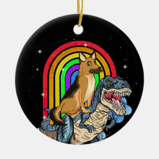 German Shepherd Riding Dinosaur T rex Rainbow Keramisch Ornament (Voorkant)