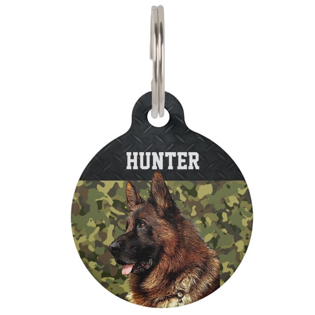 German Shepherd Rugged Camo Name Cool Dog Animal Huisdierpenning (Voorkant)