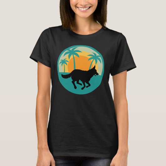 German Shepherd Running Silhouette Blue Palm Trees T-shirt (Voorkant)