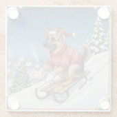 German Shepherd Sledding, Christmas Coaster Glazen Onderzetter (Achterkant)