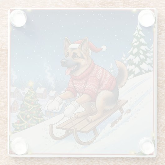 German Shepherd Sledding, Christmas Coaster Glazen Onderzetter (Achterkant)