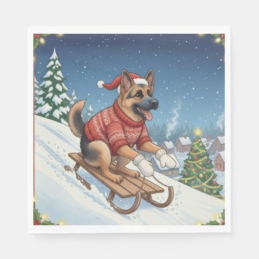 German Shepherd Sledding, Christmas Napkins Servet (Voorkant)