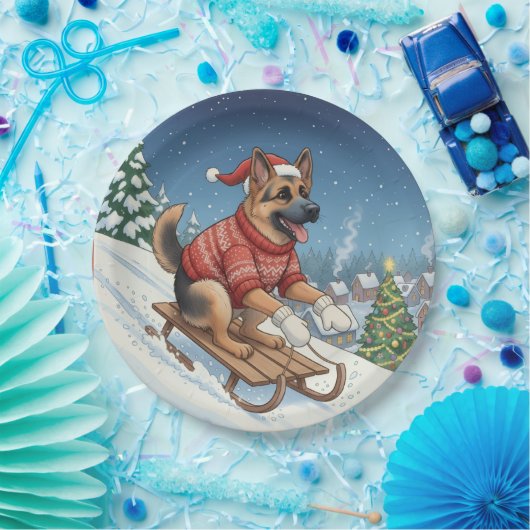 German Shepherd Sledding, Christmas Plates Papieren Bordje (Feest)