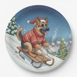 German Shepherd Sledding, Christmas Plates Papieren Bordje