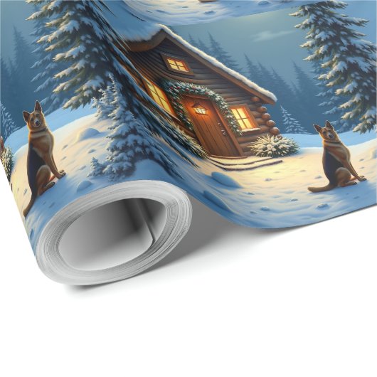 German Shepherd Snowy Forest Cabin Christmas Paint Cadeaupapier (Rol Hoek)