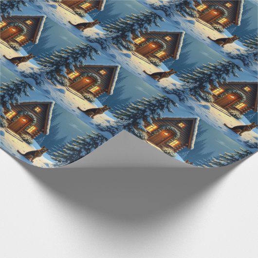 German Shepherd Snowy Forest Cabin Christmas Paint Cadeaupapier (Hoek)