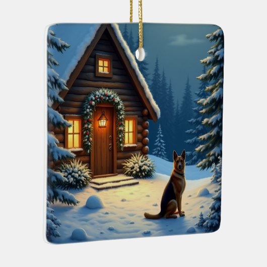 German Shepherd Snowy Forest Cabin Christmas Paint Keramisch Ornament (Rechts)