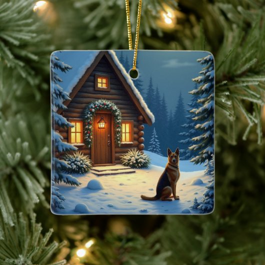 German Shepherd Snowy Forest Cabin Christmas Paint Keramisch Ornament (Boom)