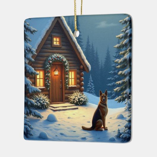 German Shepherd Snowy Forest Cabin Christmas Paint Keramisch Ornament (Links)