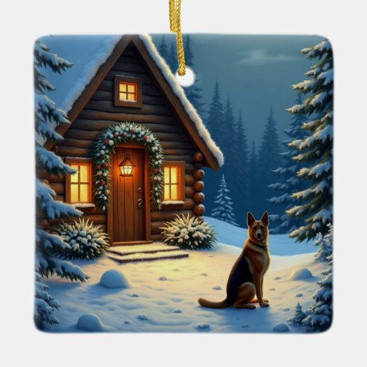 German Shepherd Snowy Forest Cabin Christmas Paint Keramisch Ornament (Voorkant)