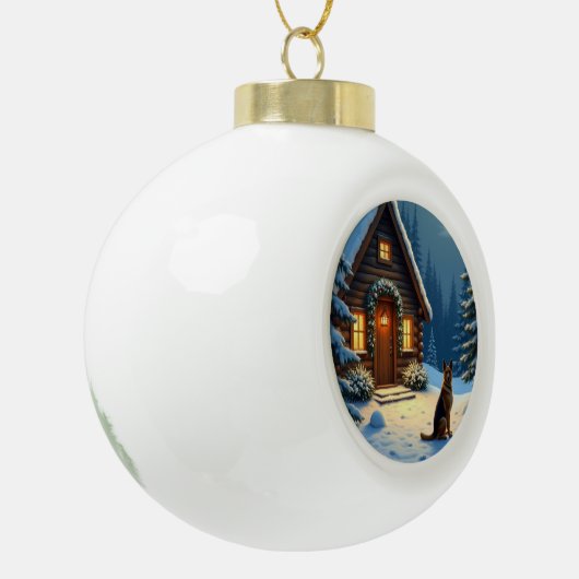 German Shepherd Snowy Forest Cabin Christmas Paint Keramische Bal Ornament (Links)