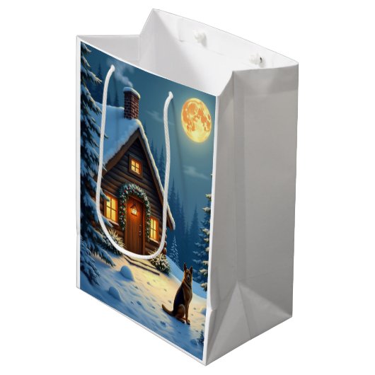 German Shepherd Snowy Forest Cabin Christmas Paint Medium Cadeauzakje (Voorkant Gekanteld)