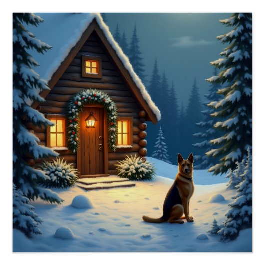 German Shepherd Snowy Forest Cabin Christmas Paint Perfect Poster (Voorkant)