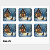 German Shepherd Snowy Forest Cabin Christmas Paint Vierkante Sticker (Vel)