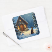 German Shepherd Snowy Forest Cabin Christmas Paint Vierkante Sticker (Envelop)