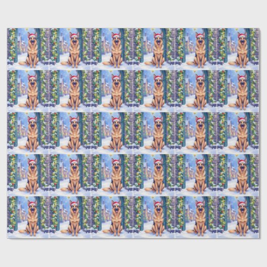 German Shepherd Snowy Town Gate Santa Christmas Cadeaupapier (Vlak)