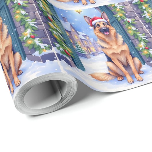 German Shepherd Snowy Town Gate Santa Christmas Cadeaupapier (Rol Hoek)