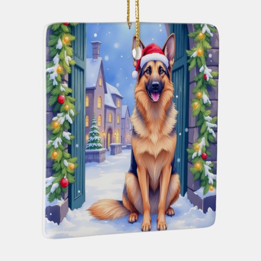 German Shepherd Snowy Town Gate Santa Christmas Keramisch Ornament (Rechts)