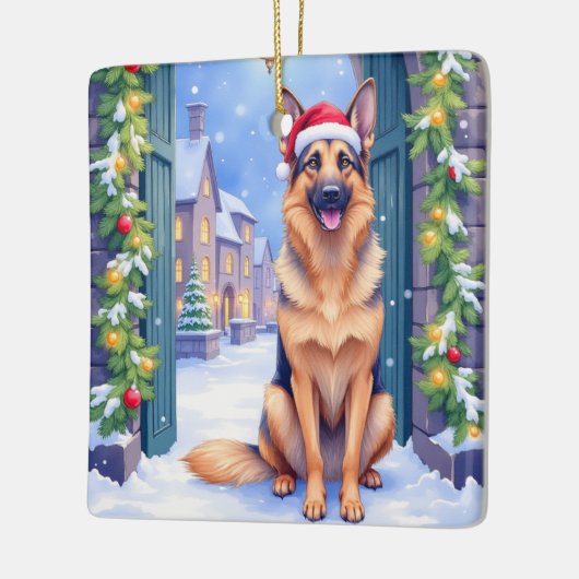 German Shepherd Snowy Town Gate Santa Christmas Keramisch Ornament (Links)