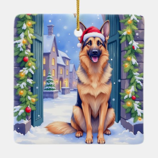 German Shepherd Snowy Town Gate Santa Christmas Keramisch Ornament (Achterkant)