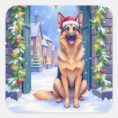 German Shepherd Snowy Town Gate Santa Christmas Vierkante Sticker (Voorkant)