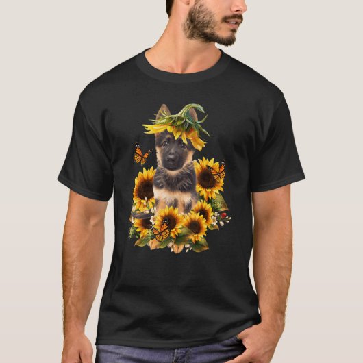 German Shepherd Sunflower Butterfly Cute Dog T-shirt (Voorkant)