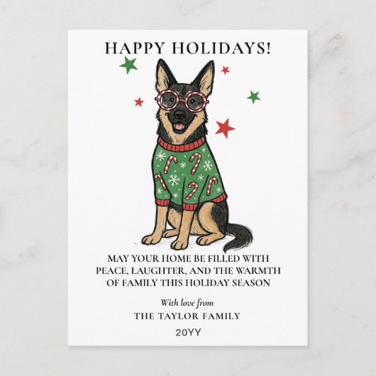 German Shepherd Ugly Sweater Candy Cane Glasses Feestdagenkaart (Voorkant)