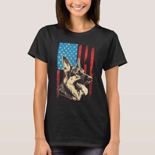 German Shepherd USA American Flag 4th of July Grun T-shirt (Voorkant)