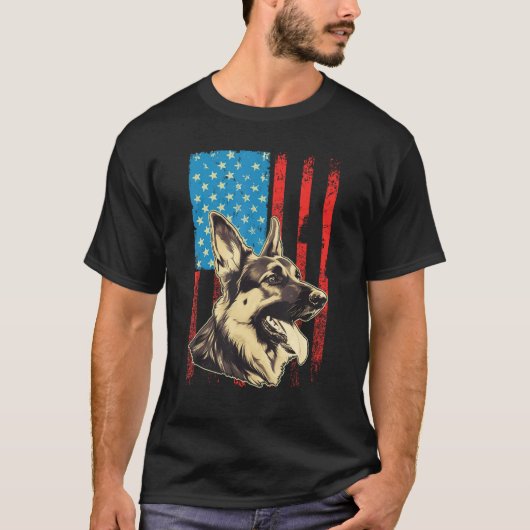 German Shepherd USA American Flag 4th of July Grun T-shirt (Voorkant)