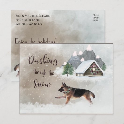 German Shepherd Watercolor Happy Holiday Scene Feestdagenkaart (Voorkant / Achterkant)