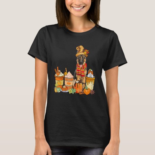 German Shepherd Wearing Hat With Coffee Cups Fall  T-shirt (Voorkant)