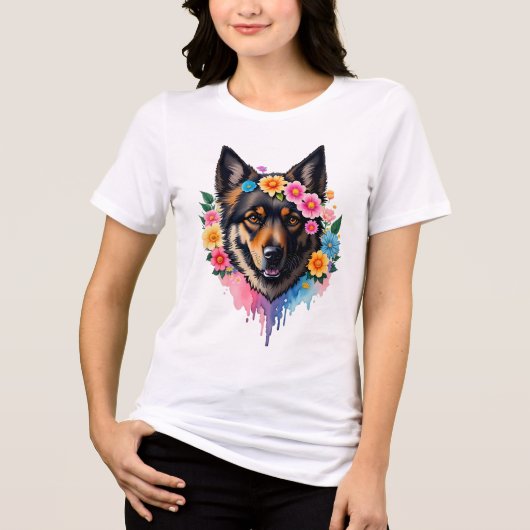 German Shepherd Wildflower Crown Floral Dog  Tri-Blend Shirt (Voorkant)