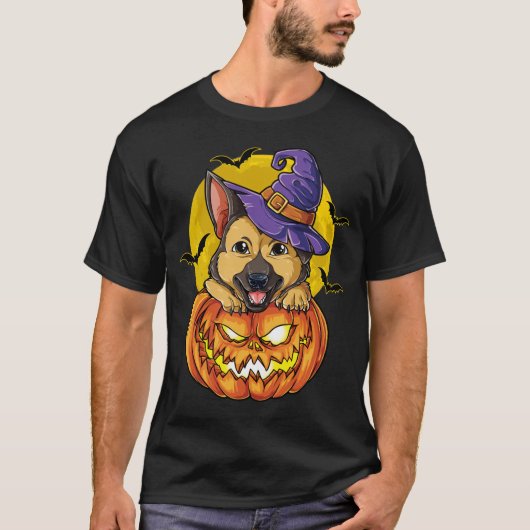 German Shepherd Witch Pumpkin Halloween T-shirt (Voorkant)