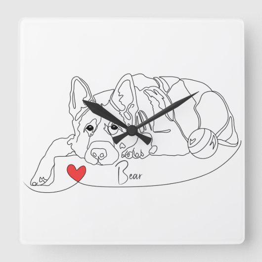 German Shepherd with Ball Line Art with Name Vierkante Klok (Voorkant)