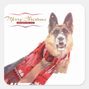German Shepherd with Holiday Scarf Vierkante Sticker