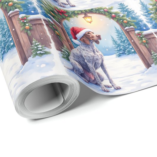 German Shorthaired Pointer Snowy Gate Santa Hat Cadeaupapier (Rol Hoek)