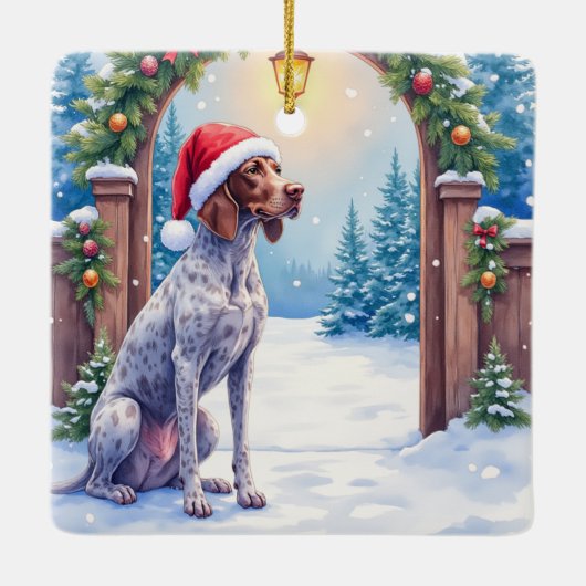 German Shorthaired Pointer Snowy Gate Santa Hat Keramisch Ornament (Achterkant)