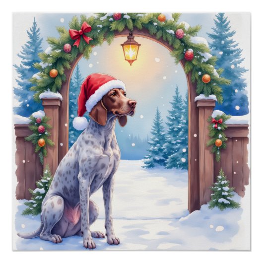 German Shorthaired Pointer Snowy Gate Santa Hat Perfect Poster (Voorkant)
