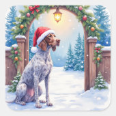 German Shorthaired Pointer Snowy Gate Santa Hat Vierkante Sticker (Voorkant)