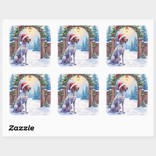 German Shorthaired Pointer Snowy Gate Santa Hat Vierkante Sticker (Vel)