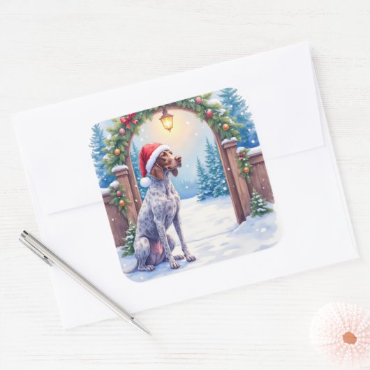 German Shorthaired Pointer Snowy Gate Santa Hat Vierkante Sticker (Envelop)
