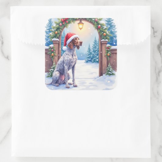 German Shorthaired Pointer Snowy Gate Santa Hat Vierkante Sticker (Tas)