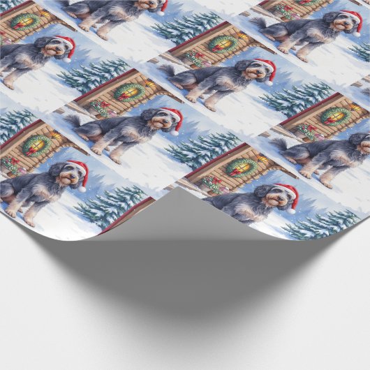 German Wirehaired Pointer Snowy Lodge Santa Hat Cadeaupapier (Hoek)