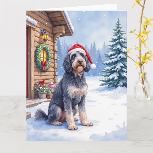 German Wirehaired Pointer Snowy Lodge Santa Hat Kaart (Gele Bloem)