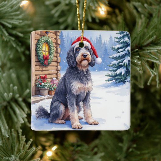 German Wirehaired Pointer Snowy Lodge Santa Hat Keramisch Ornament (Boom)