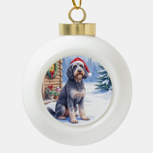 German Wirehaired Pointer Snowy Lodge Santa Hat Keramische Bal Ornament (Voorkant)
