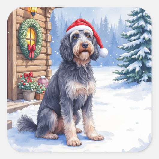German Wirehaired Pointer Snowy Lodge Santa Hat Vierkante Sticker (Voorkant)
