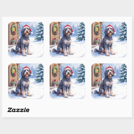 German Wirehaired Pointer Snowy Lodge Santa Hat Vierkante Sticker (Vel)